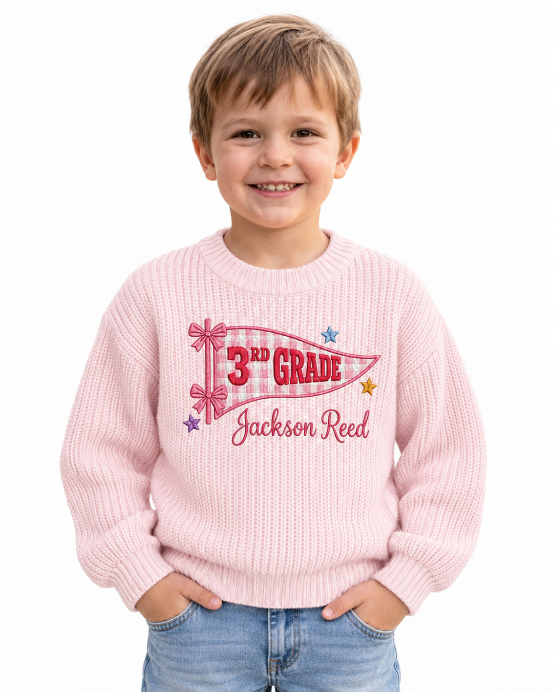 Cute Kindergarten Embroidered Baby Name Bamboo Knit Sweater Bubble
