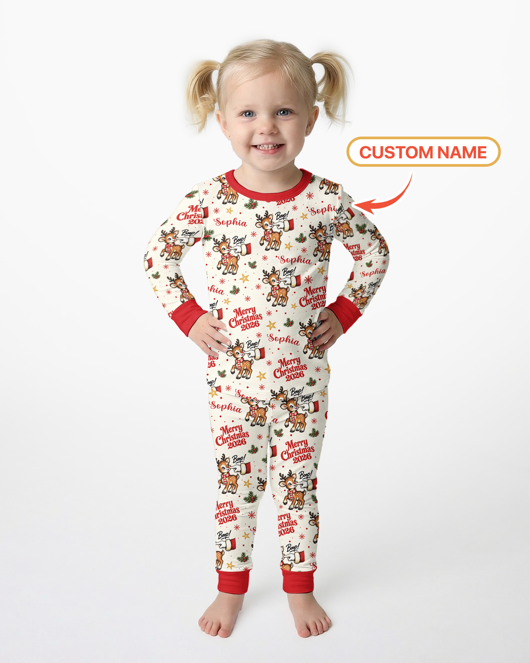 Custom Name Reindeer Santa Boop Bamboo Two Piece Long Sleeve Pajama Set