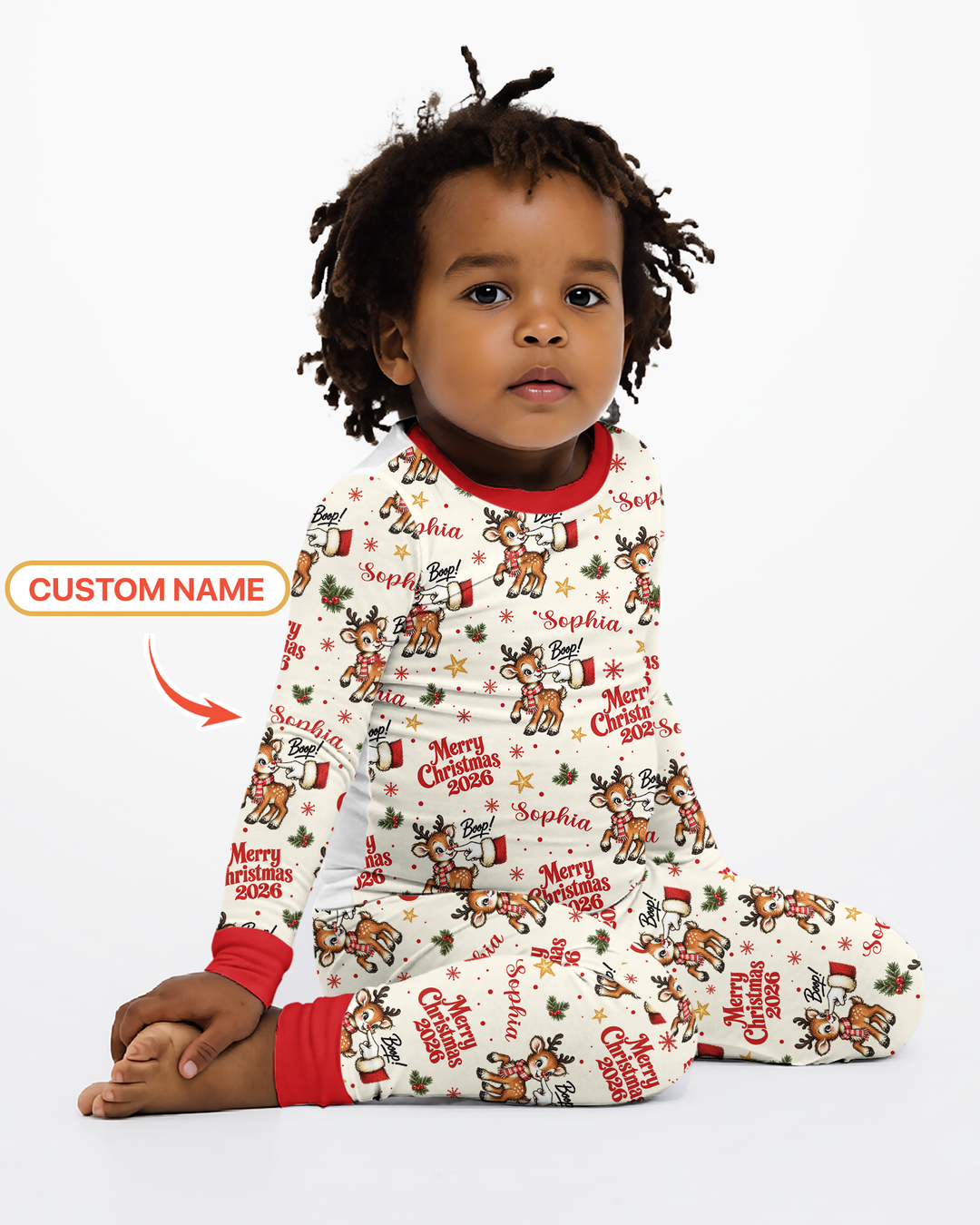 Custom Name Reindeer Santa Boop Bamboo Two Piece Long Sleeve Pajama Set
