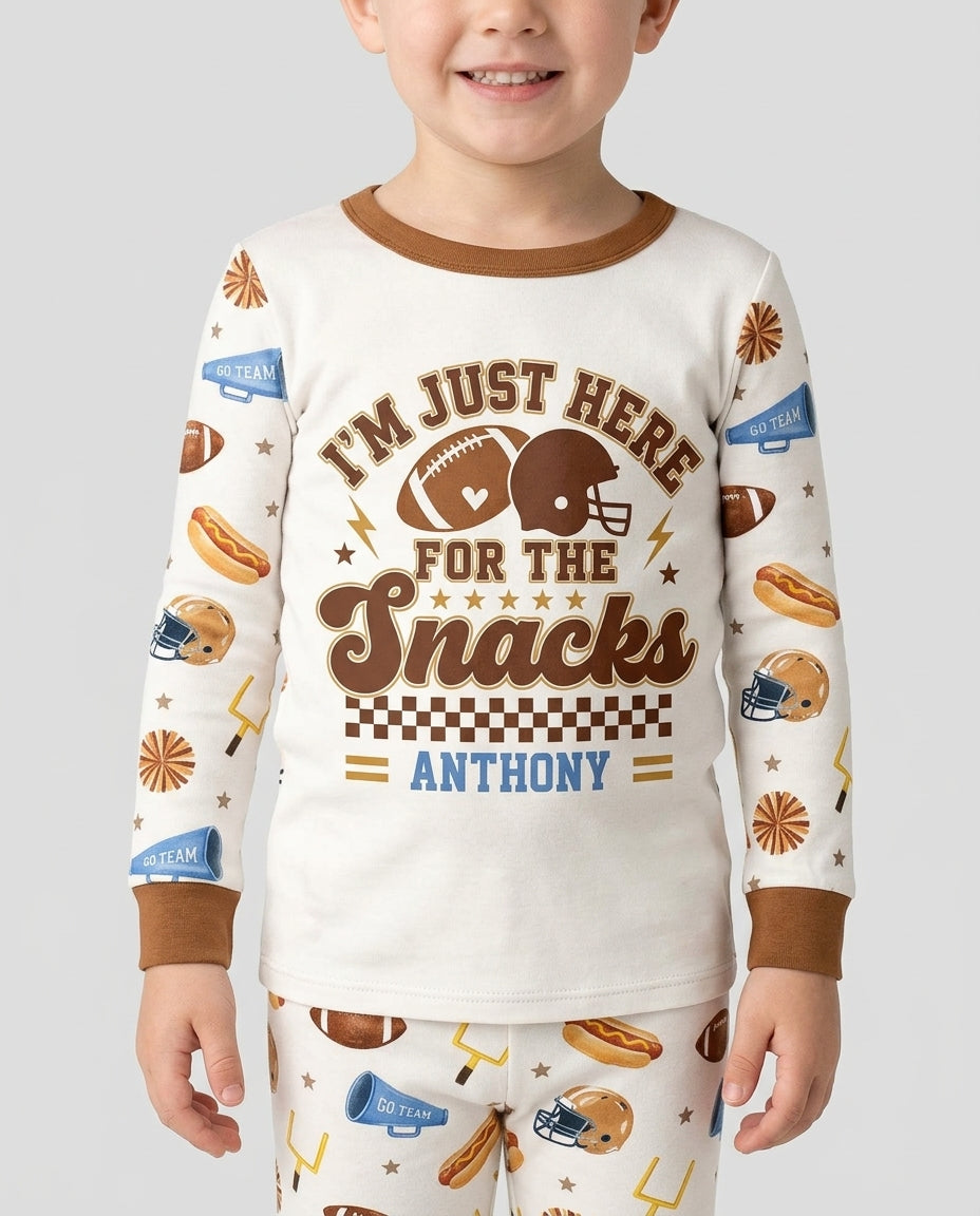 Custom Name Football I'm Just Here For The Snacks Bamboo Two Piece Long Sleeve Pajama Set