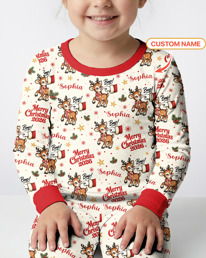 Custom Name Reindeer Santa Boop Bamboo Two Piece Long Sleeve Pajama Set