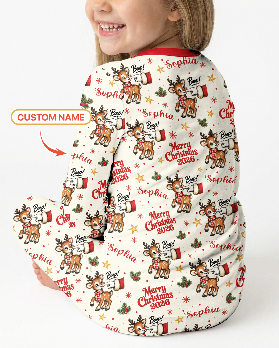 Custom Name Reindeer Santa Boop Bamboo Two Piece Long Sleeve Pajama Set