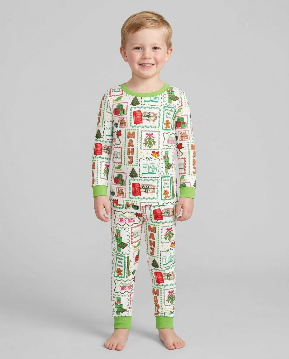 Preppy Christmas Mahjong Bamboo Two Piece Long Sleeve Pajama Set