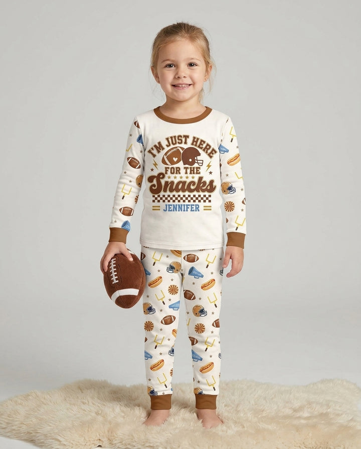 Custom Name Football I'm Just Here For The Snacks Bamboo Two Piece Long Sleeve Pajama Set
