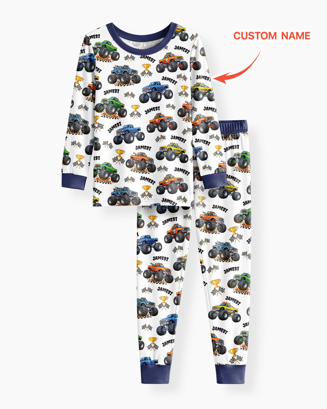 Custom Name Monster Trucks Bamboo Two Piece Long Sleeve Pajama Set