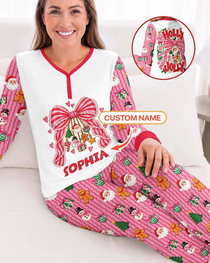 Holly Jolly Custom Name Mommy & Me Matching Bamboo Women Pajama Set