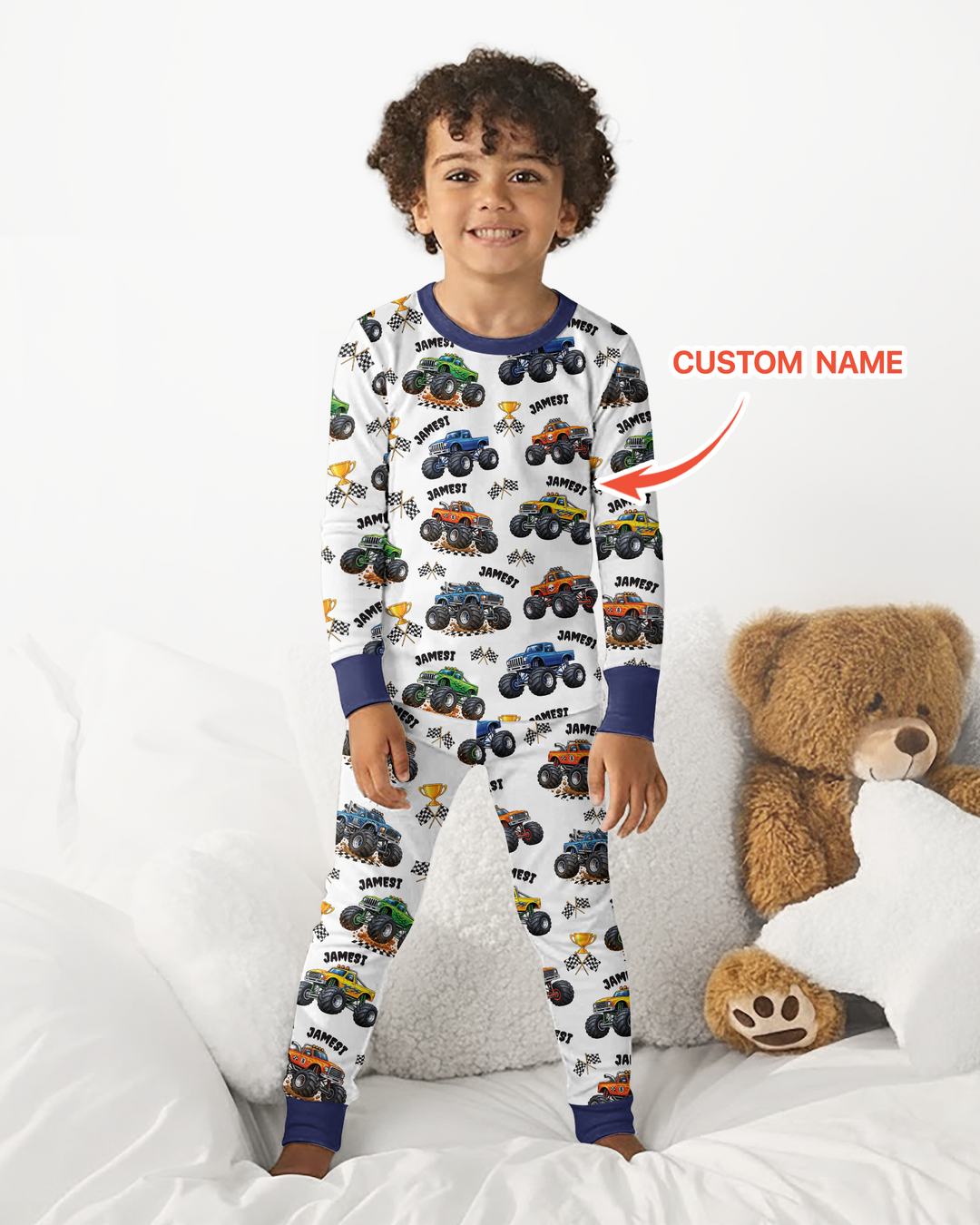 Custom Name Monster Trucks Bamboo Two Piece Long Sleeve Pajama Set