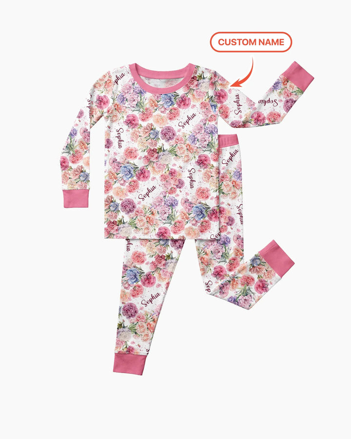 Custom Name Birth Month Flowers Bamboo Two Piece Long Sleeve Pajama Set