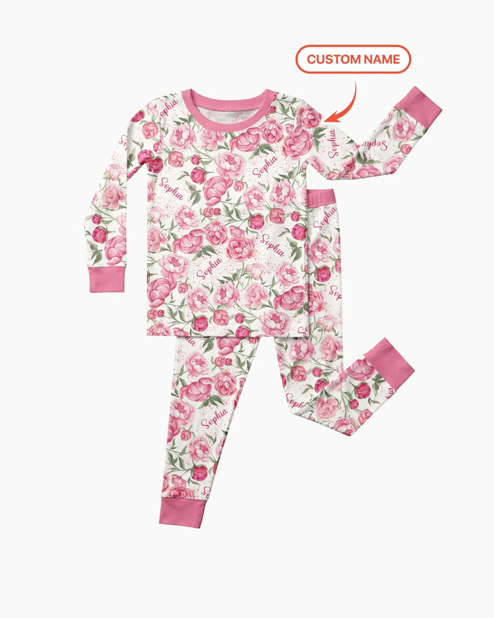 Custom Name Birth Month Flowers Bamboo Two Piece Long Sleeve Pajama Set