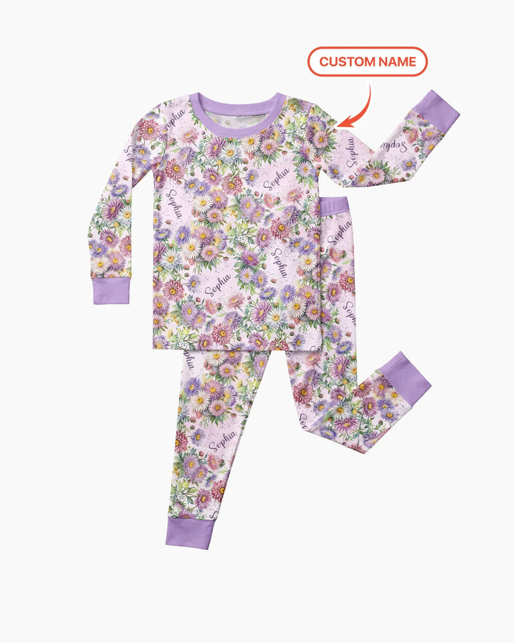 Custom Name Birth Month Flowers Bamboo Two Piece Long Sleeve Pajama Set