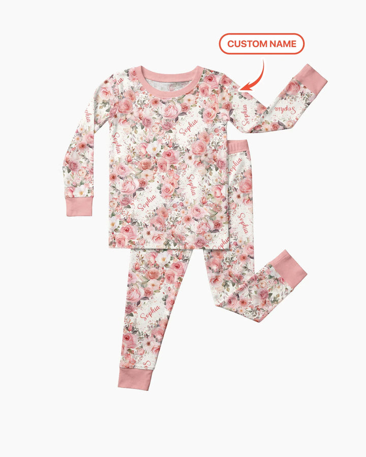 Custom Name Birth Month Flowers Bamboo Two Piece Long Sleeve Pajama Set