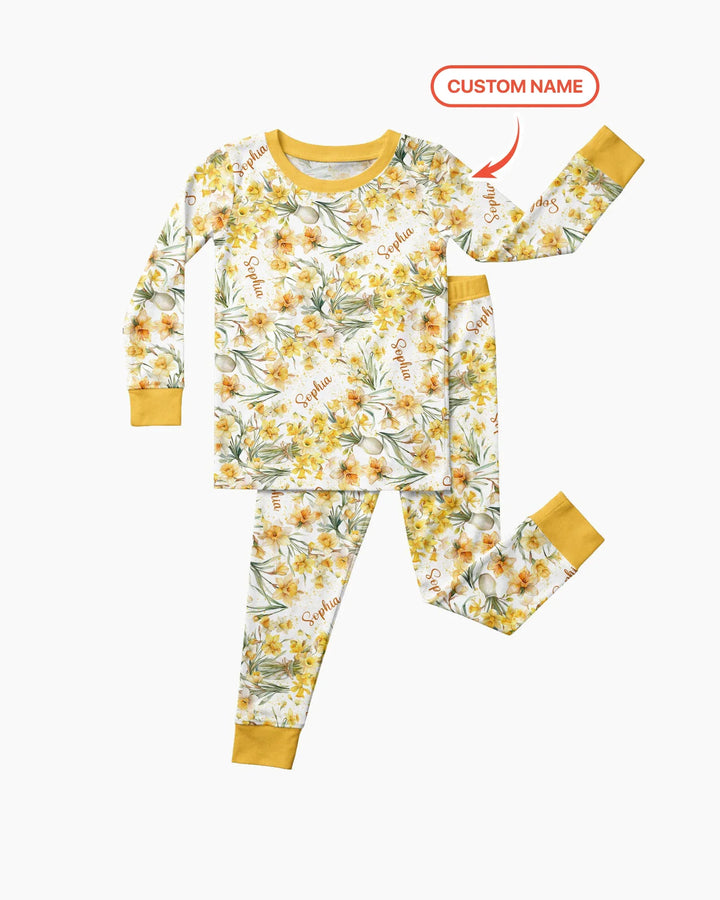 Custom Name Birth Month Flowers Bamboo Two Piece Long Sleeve Pajama Set