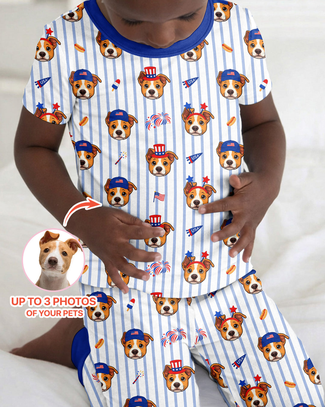 Custom Pet Image 4th of July Family Matching Bamboo Two Piece Short Sleeve Pajama Set