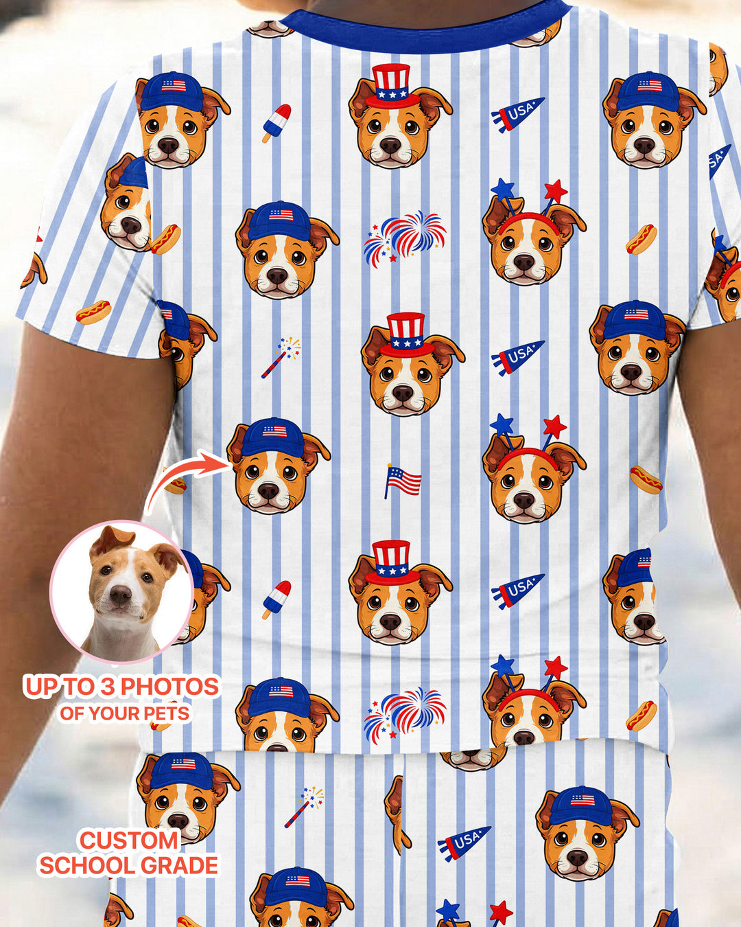Custom Pet Image 4th of July Family Matching Bamboo Two Piece Short Sleeve Pajama Set
