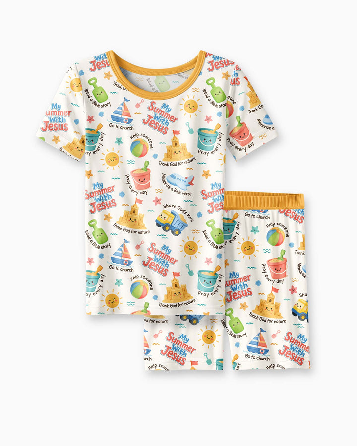 Colorful Summer Beach With Jesus Bamboo Two Piece Short Sleeve Shorts Pajama Set