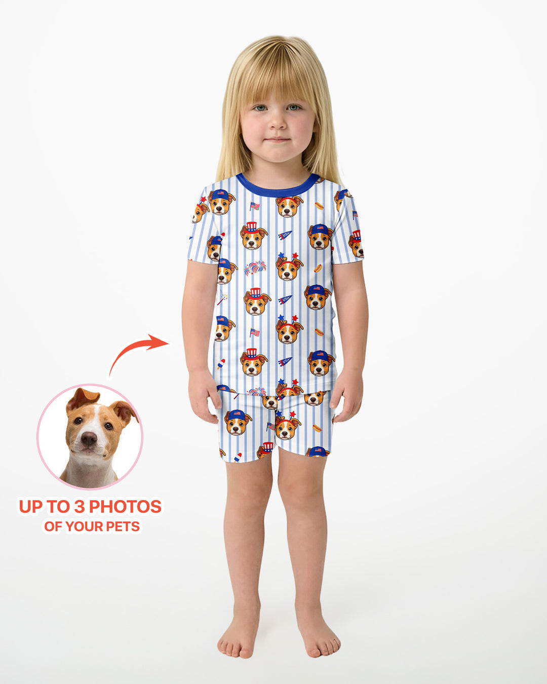 Custom Pet Image 4th of July Family Matching Bamboo Two Piece Short Sleeve Shorts Pajama Set