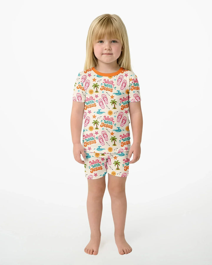 Groovy Summer Walk With Jesus Bamboo Two Piece Short Sleeve Shorts Pajama Set