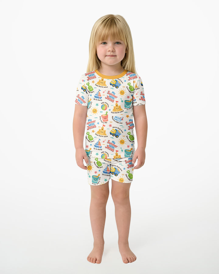 Colorful Summer Beach With Jesus Bamboo Two Piece Short Sleeve Shorts Pajama Set