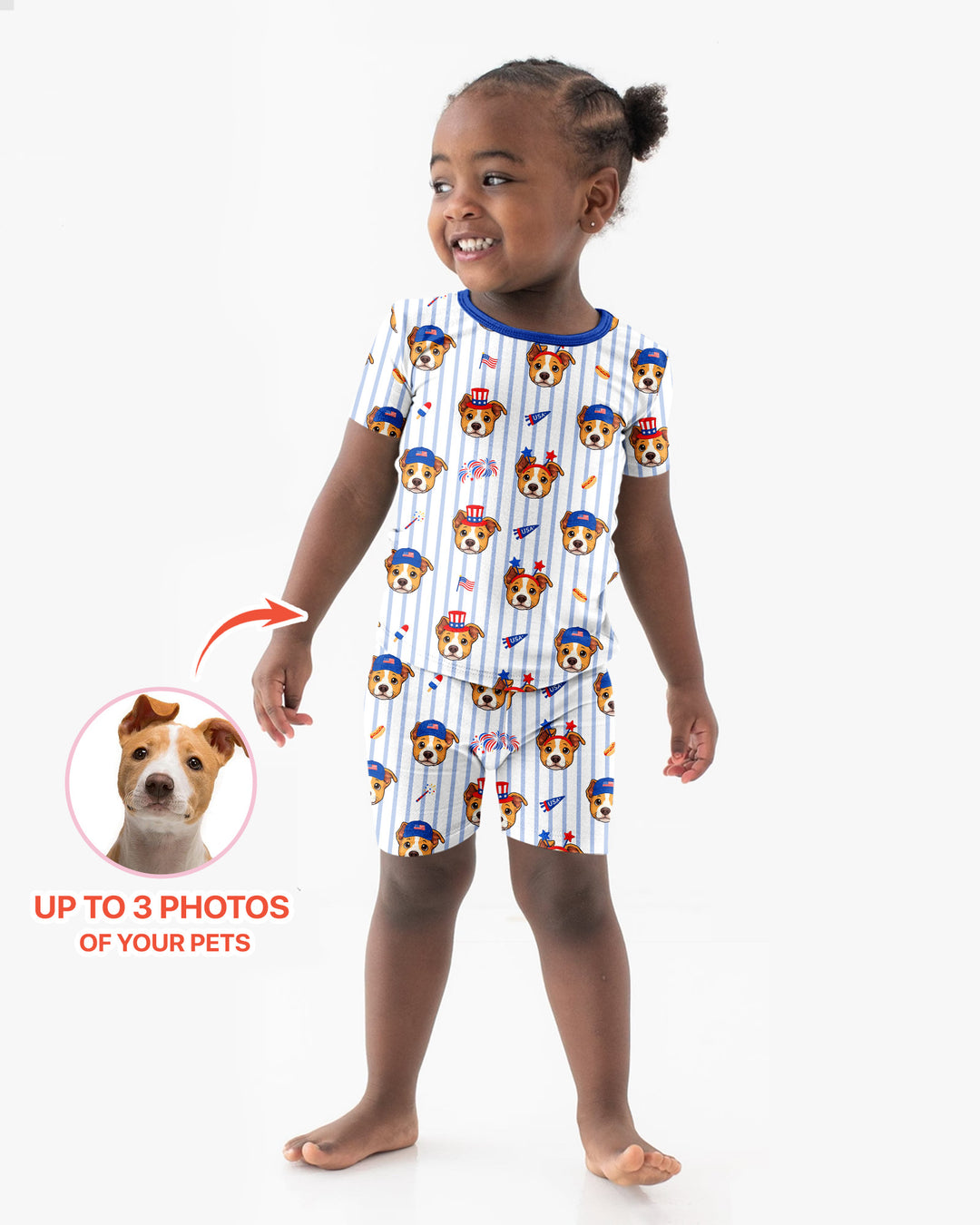 Custom Pet Image 4th of July Family Matching Bamboo Two Piece Short Sleeve Shorts Pajama Set