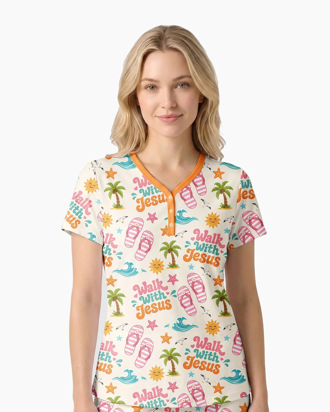 Groovy Summer Walk With Jesus Bamboo Women Short Sleeve Short Pajama Set