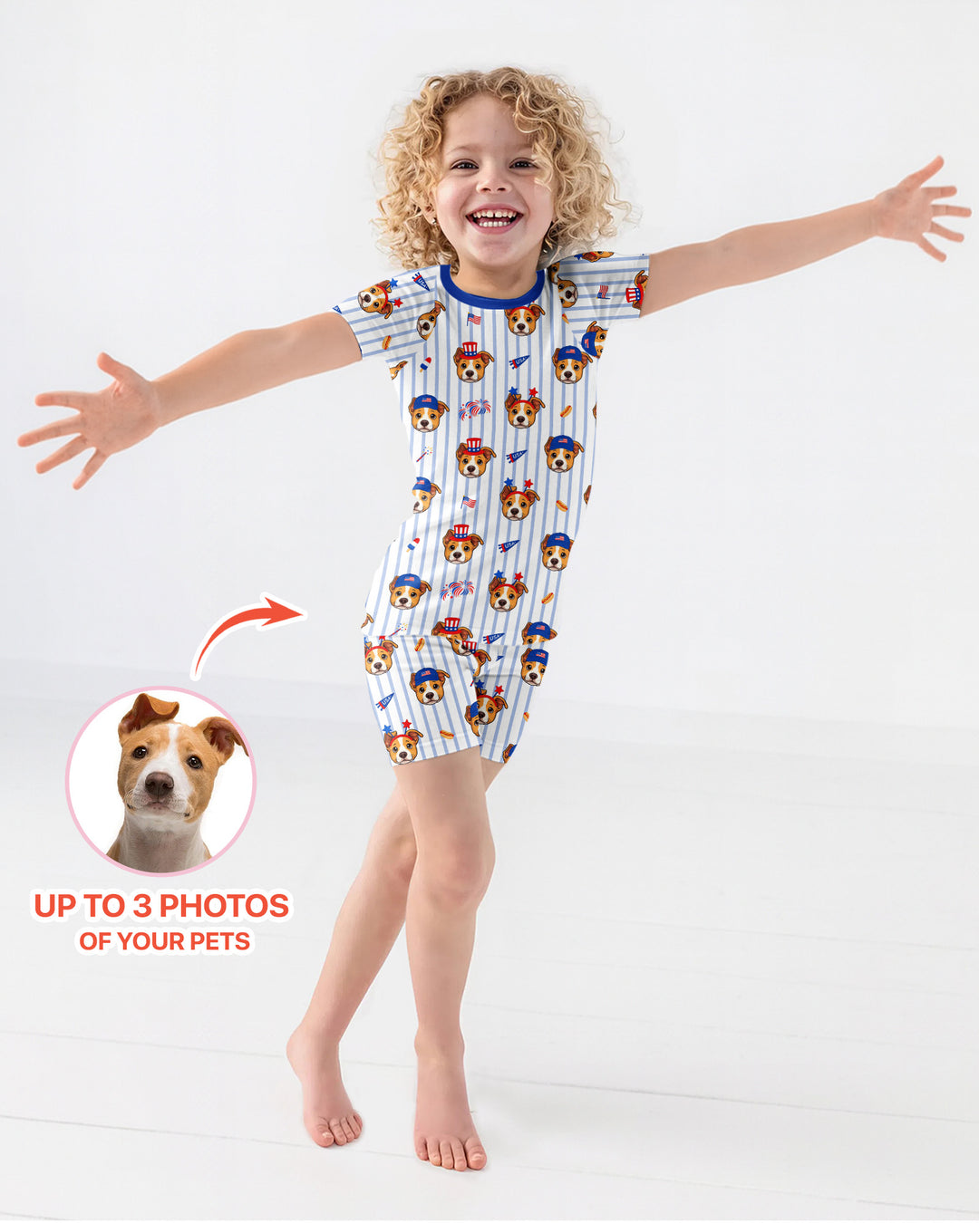 Custom Pet Image 4th of July Family Matching Bamboo Two Piece Short Sleeve Shorts Pajama Set