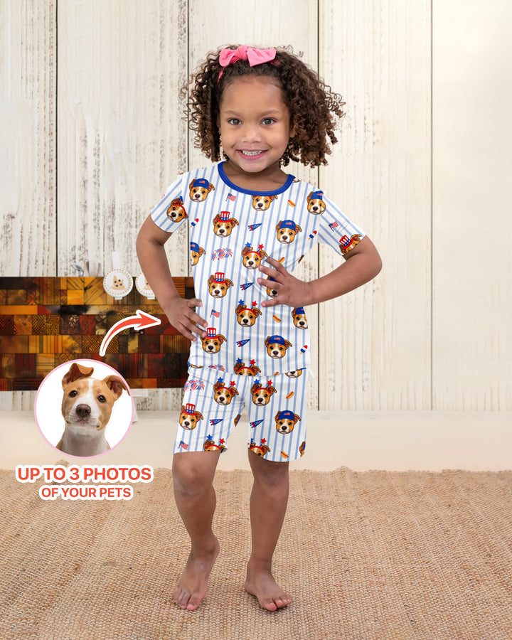 Custom Pet Image 4th of July Family Matching Bamboo Two Piece Short Sleeve Shorts Pajama Set