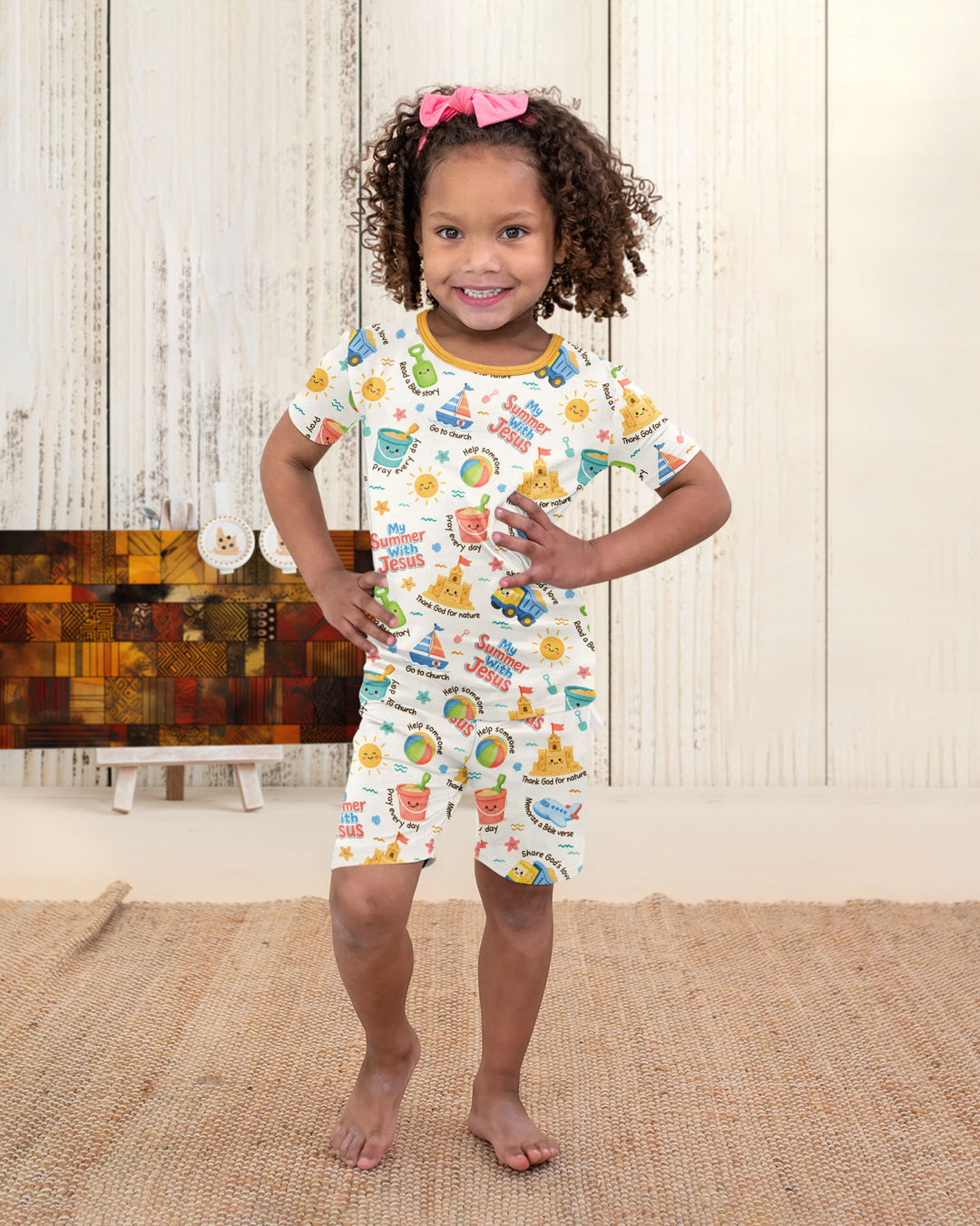 Colorful Summer Beach With Jesus Bamboo Two Piece Short Sleeve Shorts Pajama Set