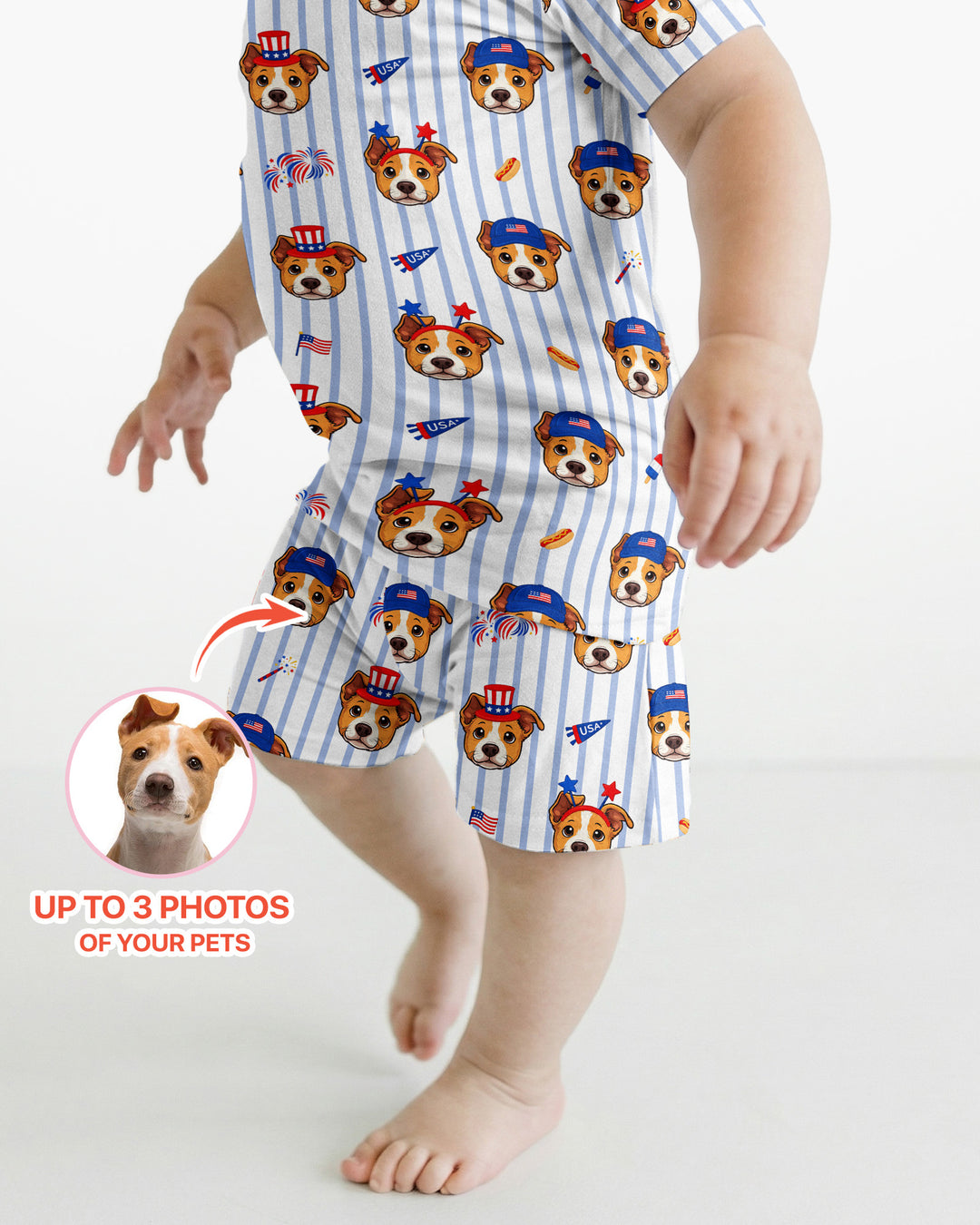 Custom Pet Image 4th of July Family Matching Bamboo Two Piece Short Sleeve Shorts Pajama Set