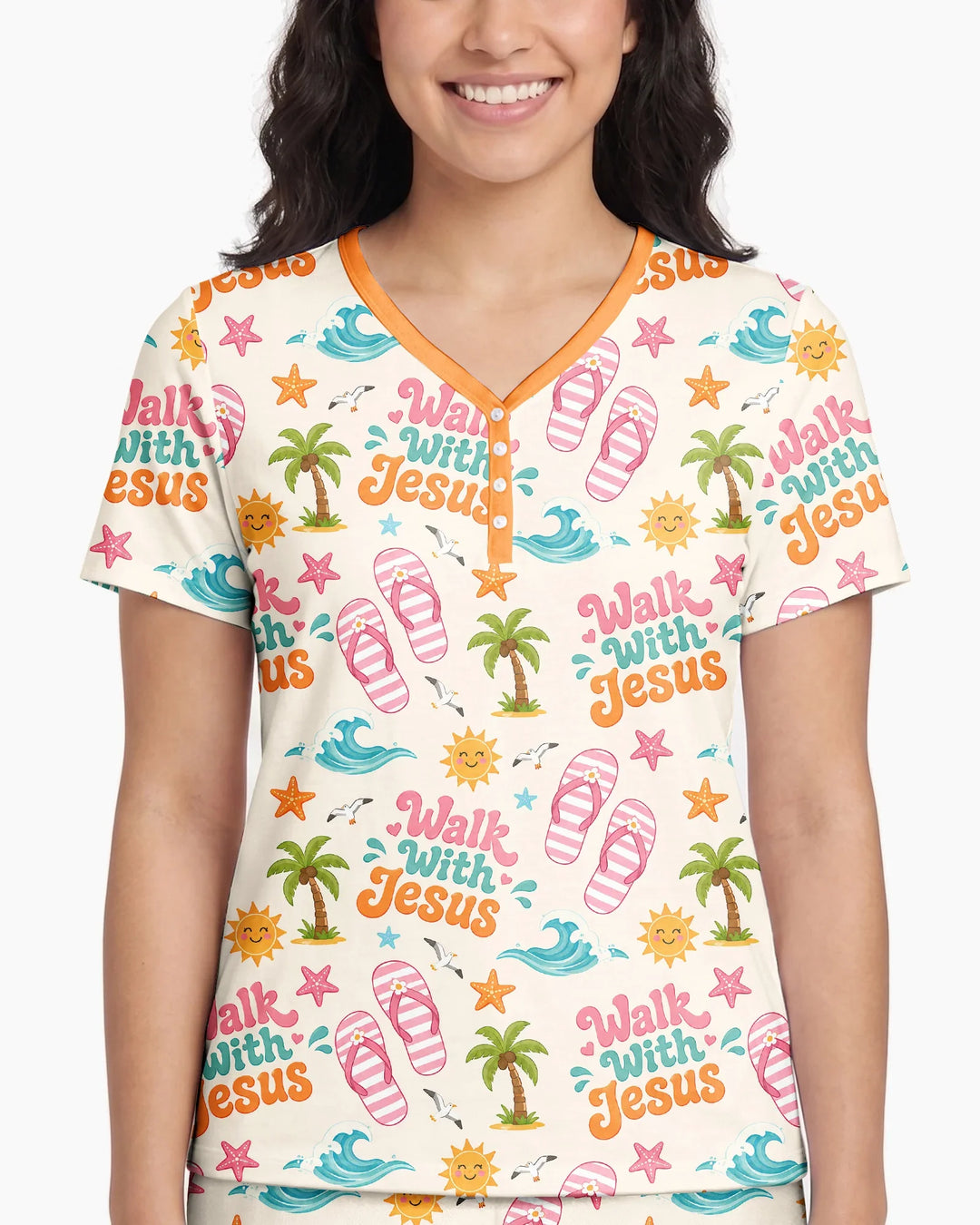 Groovy Summer Walk With Jesus Bamboo Women Short Sleeve Short Pajama Set