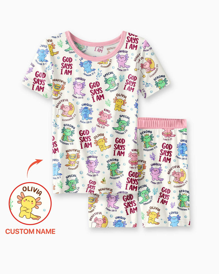 Axolotl God Says I Am Custom Name Bamboo Two Piece Short Sleeve Shorts Pajama Set