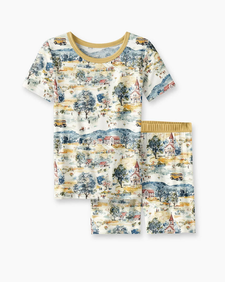 Whimsical Watercolor School Village Bamboo Two Piece Short Sleeve Shorts Pajama Set