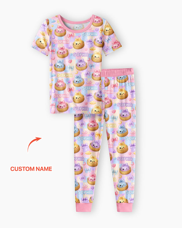 Custom Name Coquette Glitter Dumpling Bamboo Two Piece Short Sleeve Pajama Set