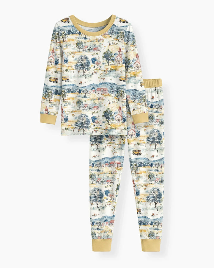 Whimsical Watercolor School Village Bamboo Two Piece Long Sleeve Pajama Set
