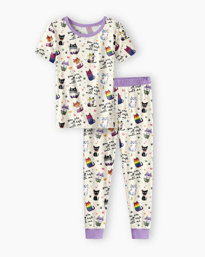Loved & Safe Kitties Family Matching Bamboo Two Piece Short Sleeve Pajama Set