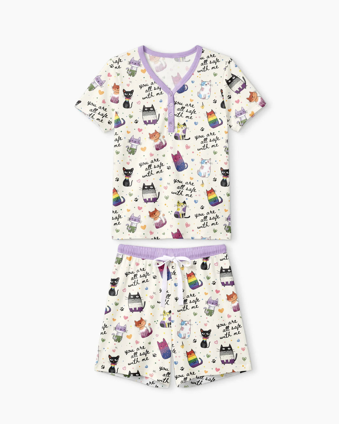 Loved & Safe Kitties Family Matching Bamboo Women Short Sleeve Short Pajama Set