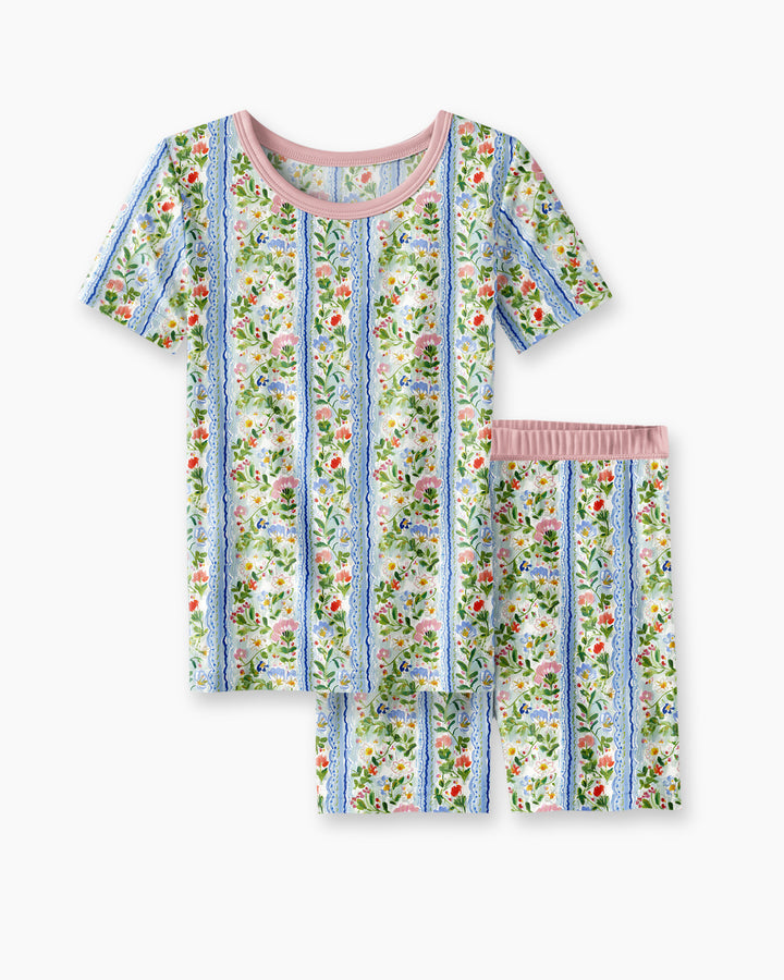 Paste Floral Girl Bamboo Two Piece Short Sleeve Shorts Pajama Set