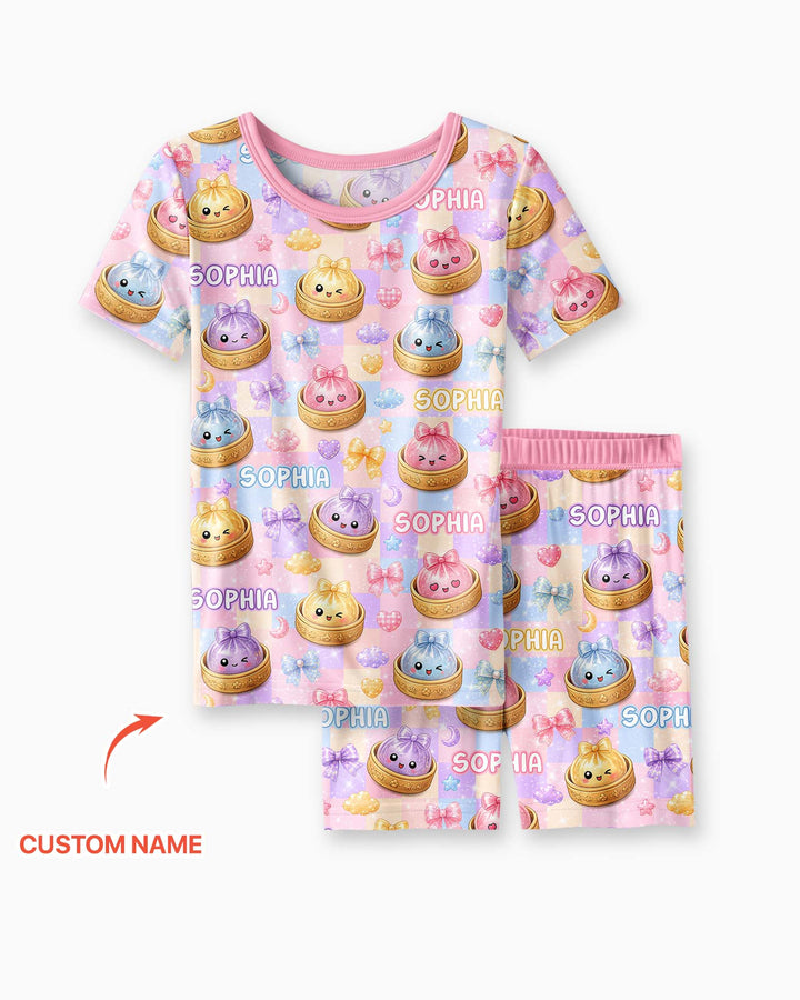Custom Name Coquette Glitter Dumpling Bamboo Two Piece Short Sleeve Shorts Pajama Set
