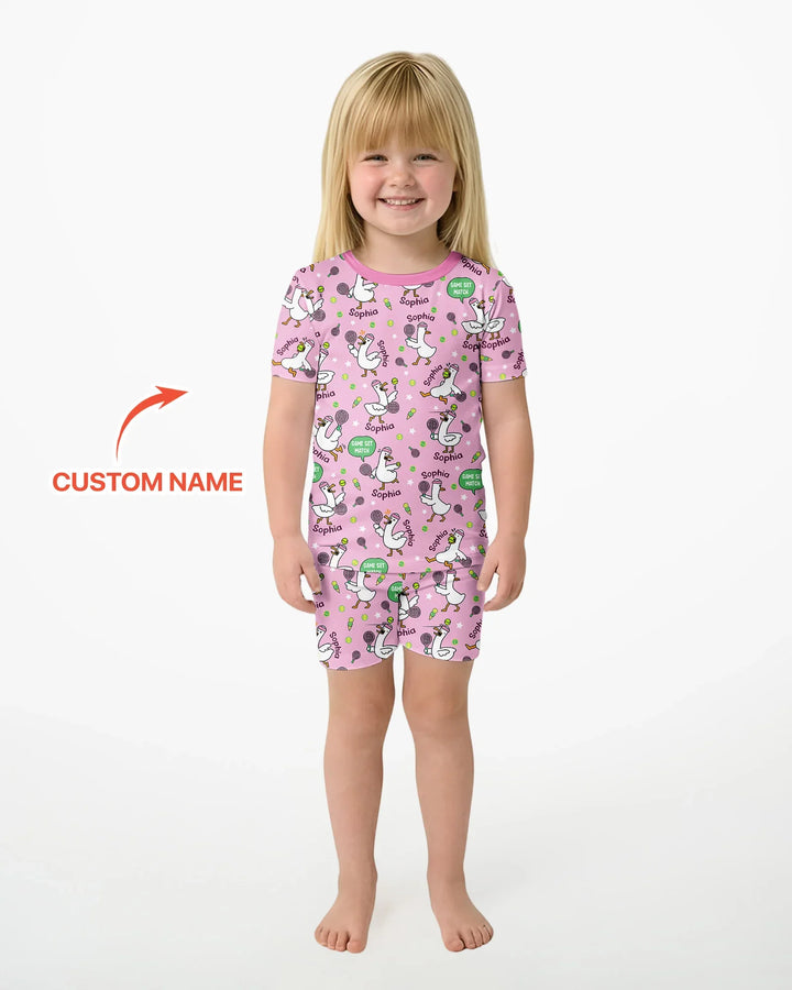 Silly Goose Playing Tennis Bamboo Two Piece Short Sleeve Shorts Pajama Set