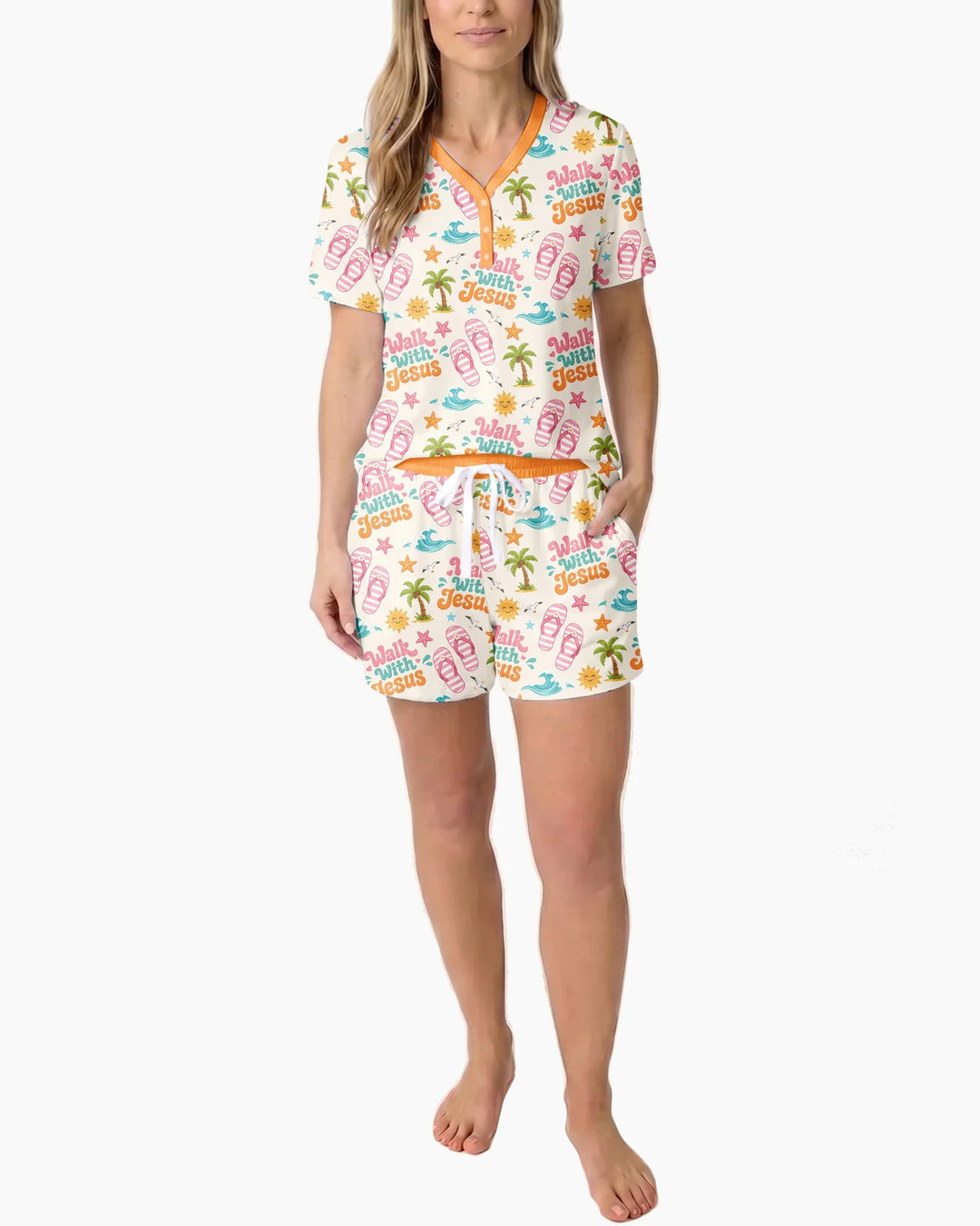 Groovy Summer Walk With Jesus Bamboo Women Short Sleeve Short Pajama Set