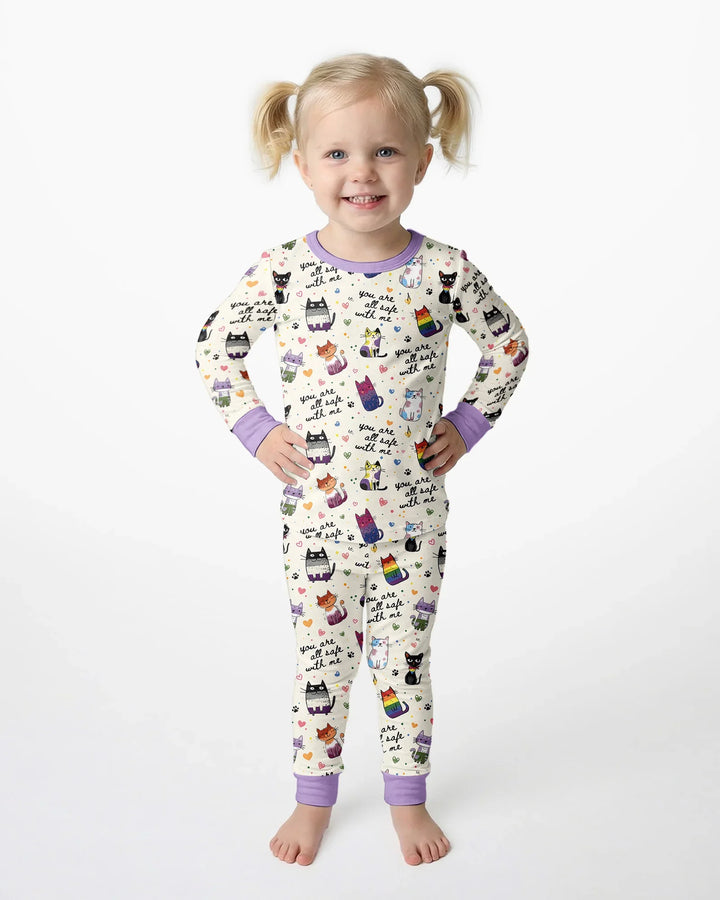 Loved & Safe Kitties Family Matching Bamboo Two Piece Long Sleeve Pajama Set