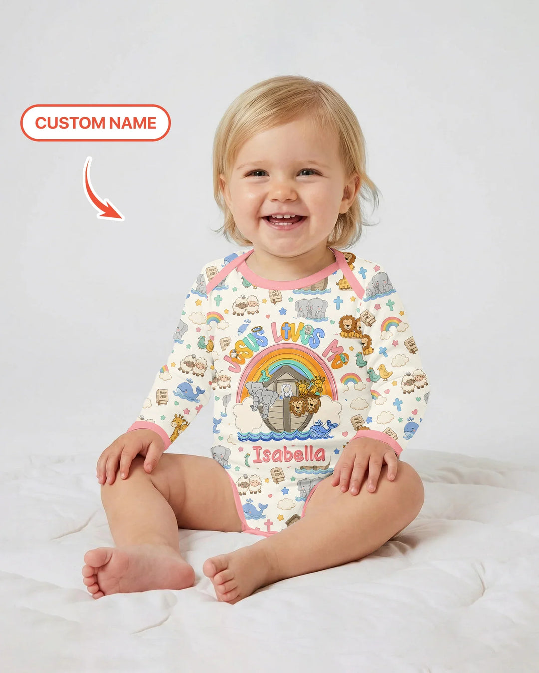 Custom Name Noah's Ark Jesus Loves Me Bamboo Bodysuit
