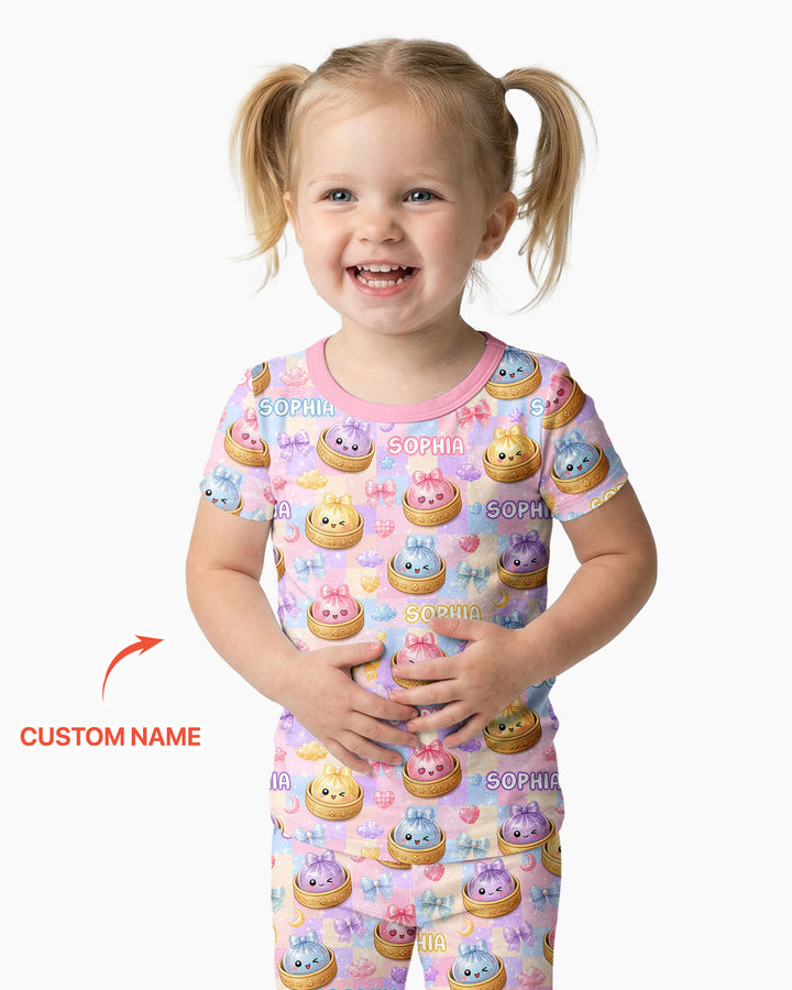 Custom Name Coquette Glitter Dumpling Bamboo Two Piece Short Sleeve Pajama Set