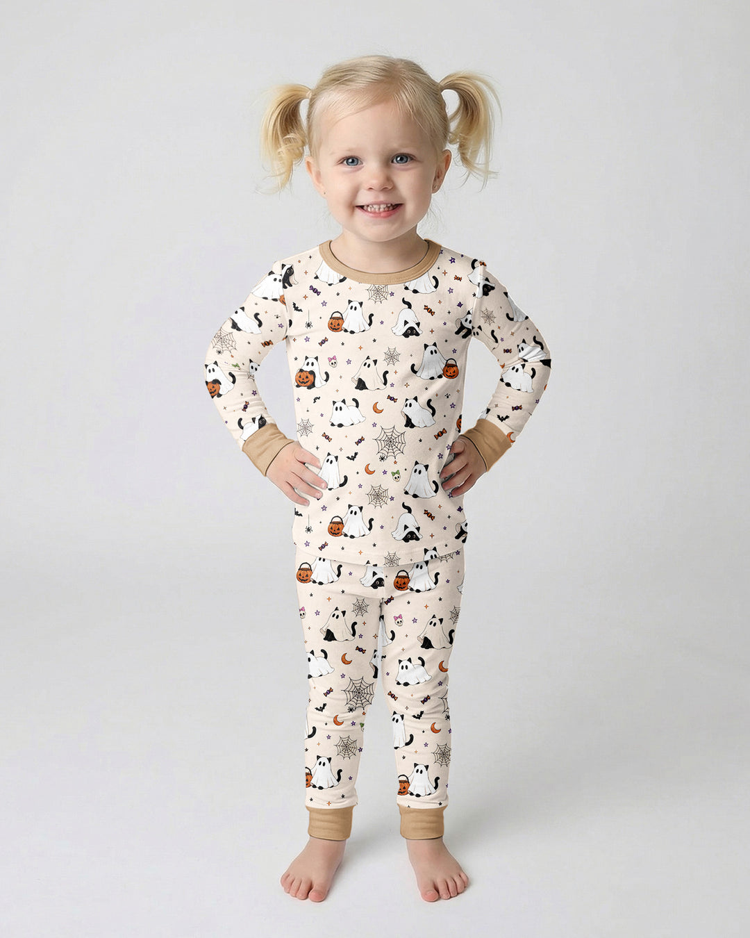 Ghost Cat Vintage Halloween Bamboo Two Piece Long Sleeve Pajama Set