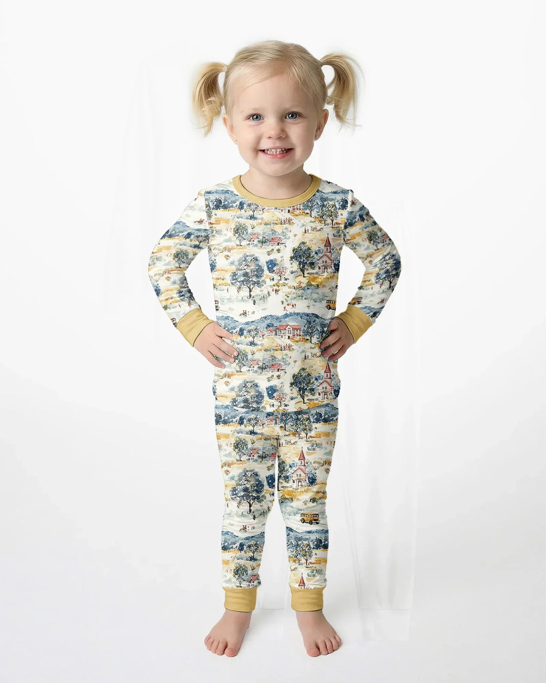 Whimsical Watercolor School Village Bamboo Two Piece Long Sleeve Pajama Set