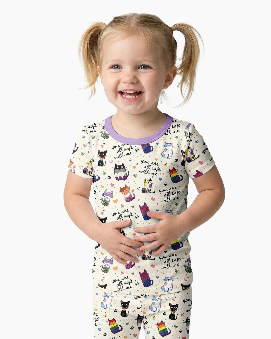 Loved & Safe Kitties Family Matching Bamboo Two Piece Short Sleeve Pajama Set