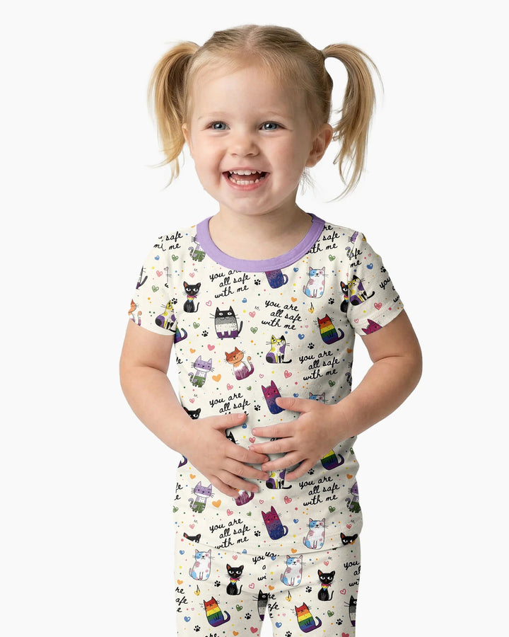 Loved & Safe Kitties Family Matching Bamboo Two Piece Short Sleeve Pajama Set