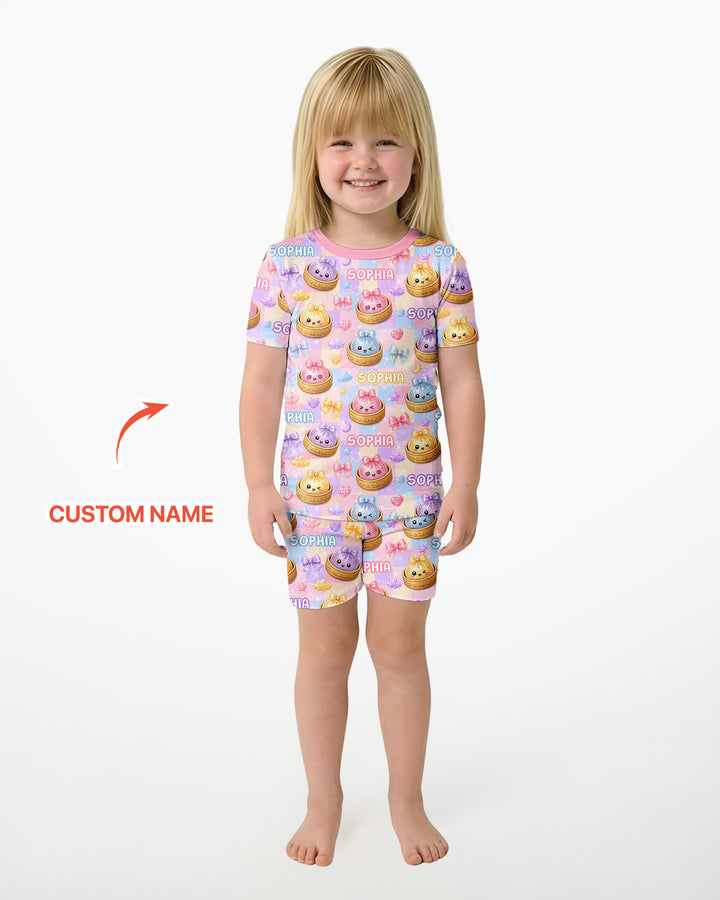Custom Name Coquette Glitter Dumpling Bamboo Two Piece Short Sleeve Shorts Pajama Set