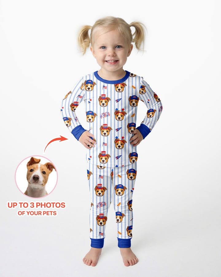Custom Pet Image 4th of July Family Matching Bamboo Two Piece Long Sleeve Pajama Set