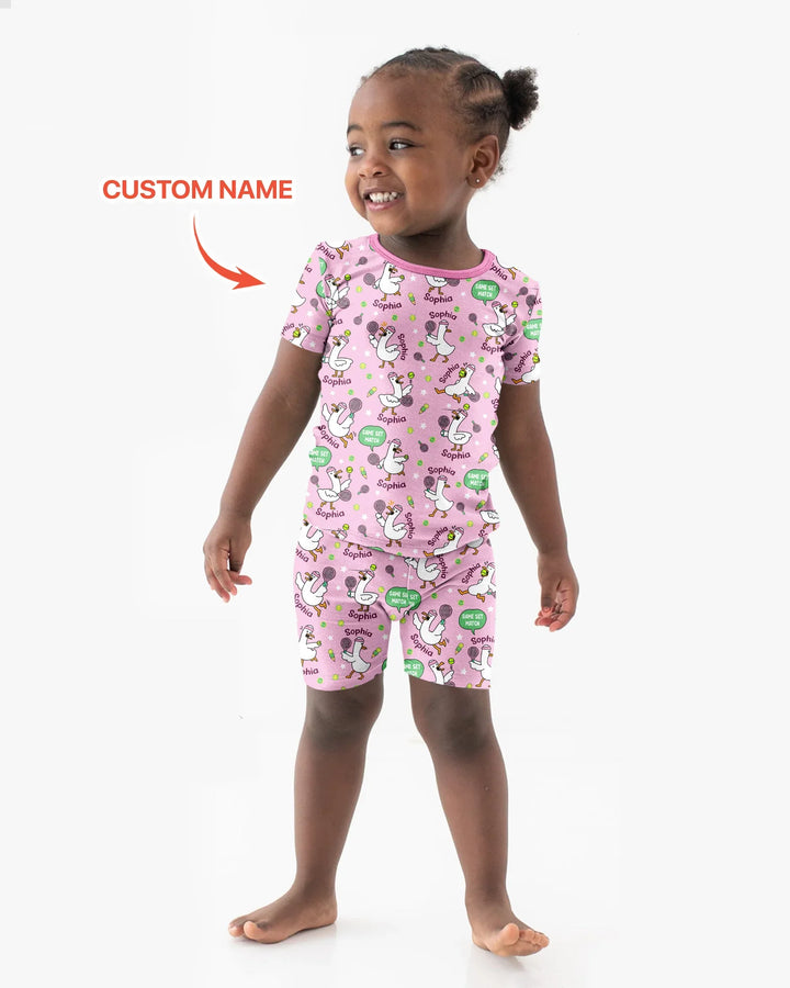 Silly Goose Playing Tennis Bamboo Two Piece Short Sleeve Shorts Pajama Set