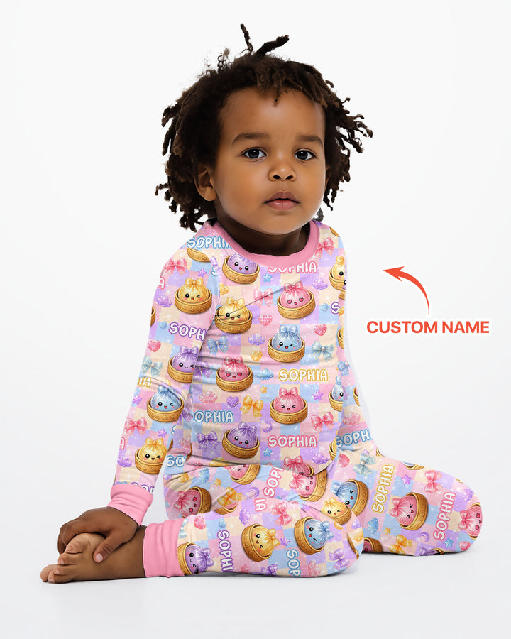 Custom Name Coquette Glitter Dumpling Bamboo Two Piece Long Sleeve Pajama Set